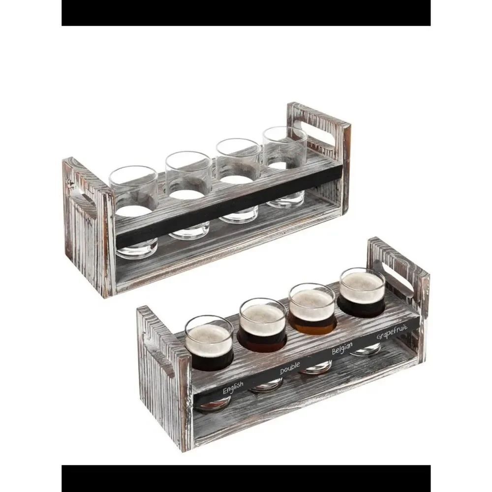 Wood Beer Flight Board Serving Set with Chalkboard Panel 4 Tasting Beer Glasses